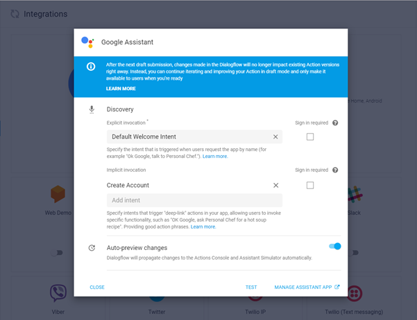 Google Assistant test for Google action page from dialog flow.