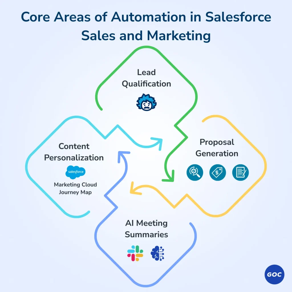 Key Salesforce automation areas including lead scoring, email journeys, and campaign reporting