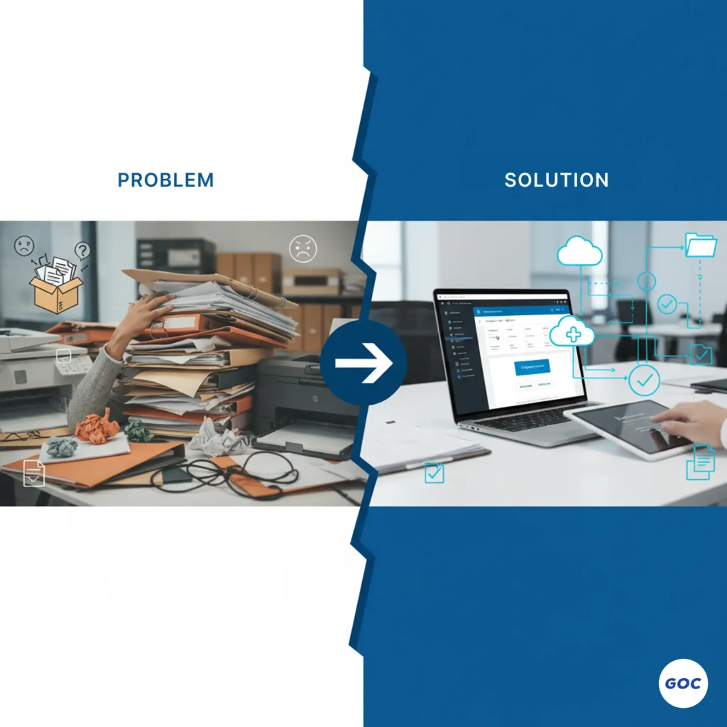 Comparison showing manual document chaos versus streamlined Salesforce document automation