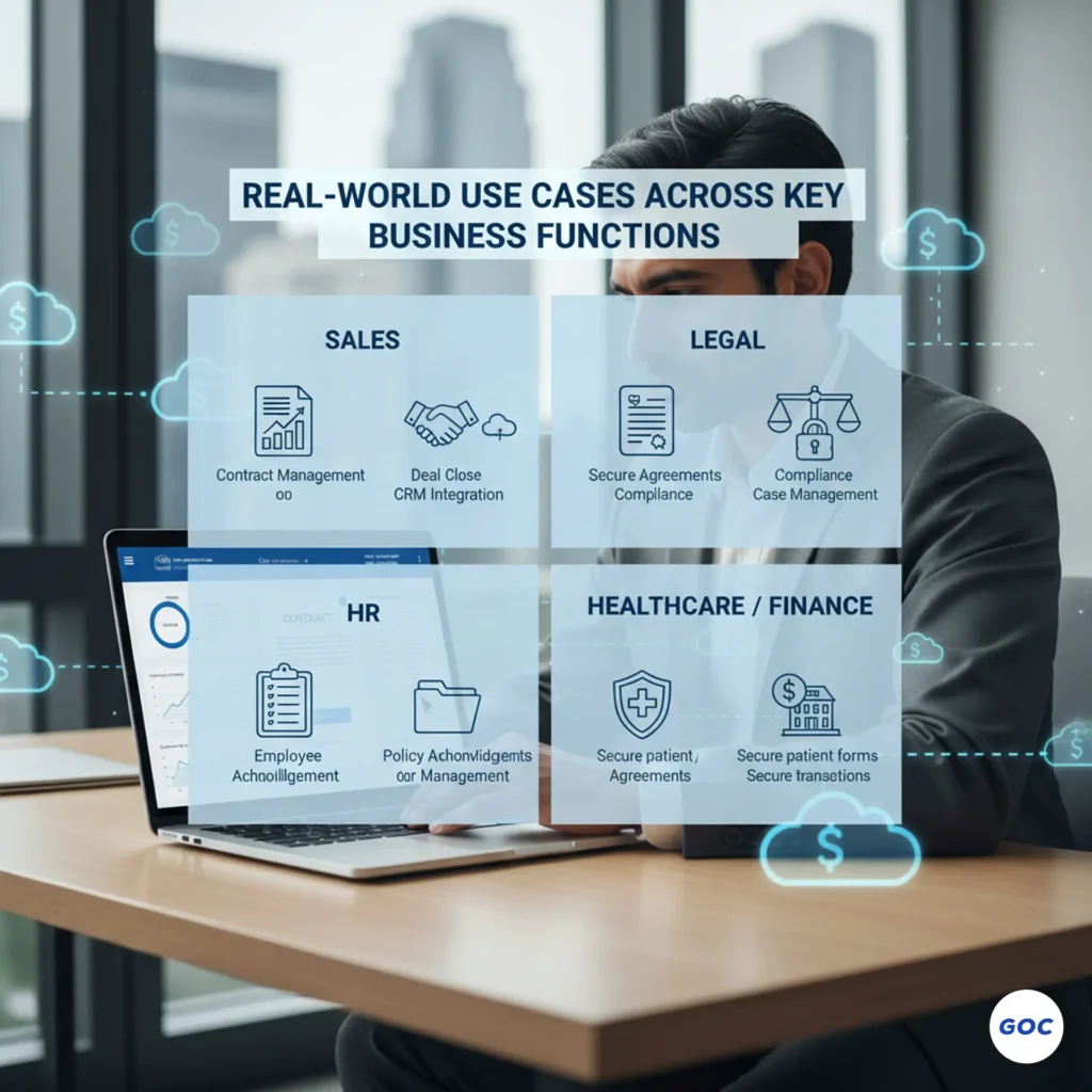 Use case infographic showing Salesforce document automation for sales, legal, HR, and healthcare teams