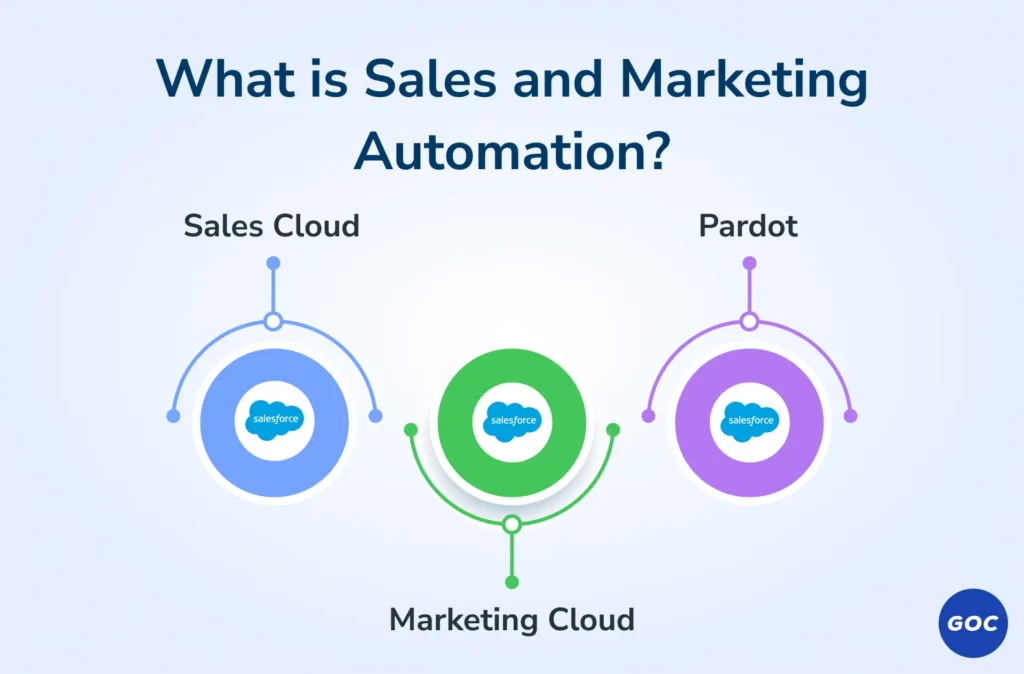 Flow diagram showing how Salesforce automates sales and marketing from lead generation to conversion
